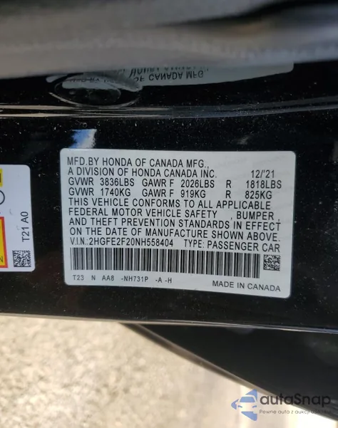 2022 Honda Civic Lx z USA, uszkodzony, nr VIN 2HGFE2F20NH558404